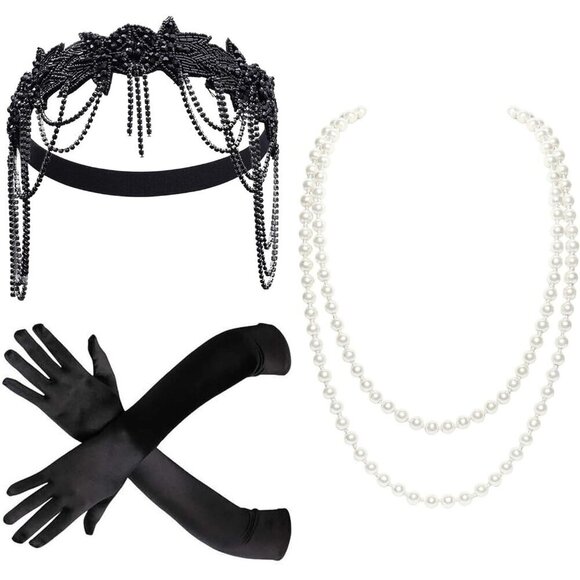 1920s Flapper Accessories Set Pearl Necklace Gloves Headband Vintage Style main image 5